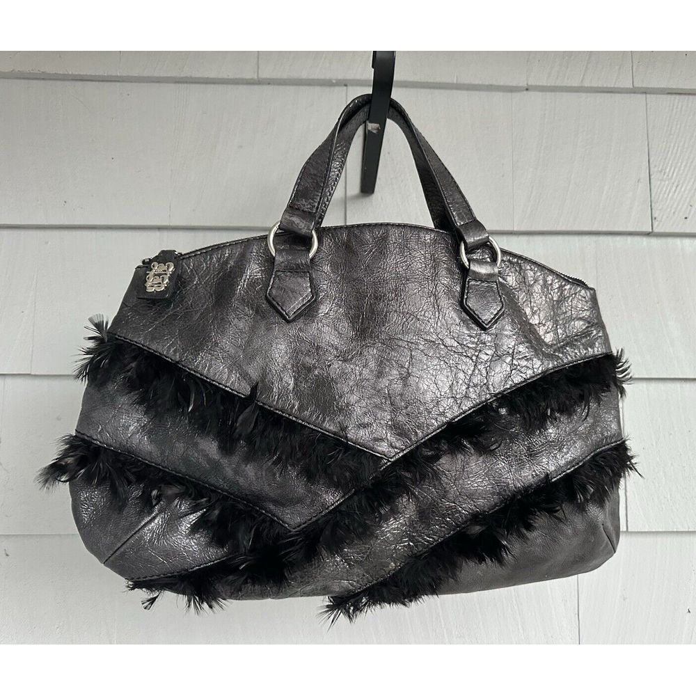 Leonello Borghi New York Silver‎ Crackled Leather Hand Bag w/ Feather Detail